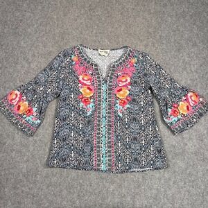 Savanna Jane Damask Floral Embroidered‎ 3/4 Bell Sleeve Top Women's Size Small